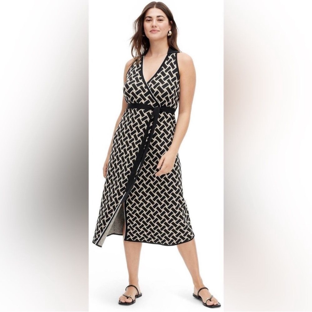 DVF Target SLEEVELESS WRAP SWEATER KNIT MIDI WRAP DRESS Sz S black/gold